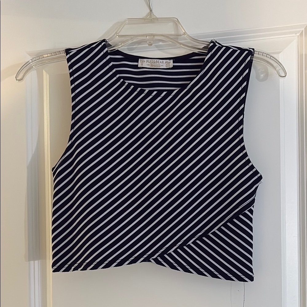 Pull&Bear Blue and White Asymmetrical Crop Tank
